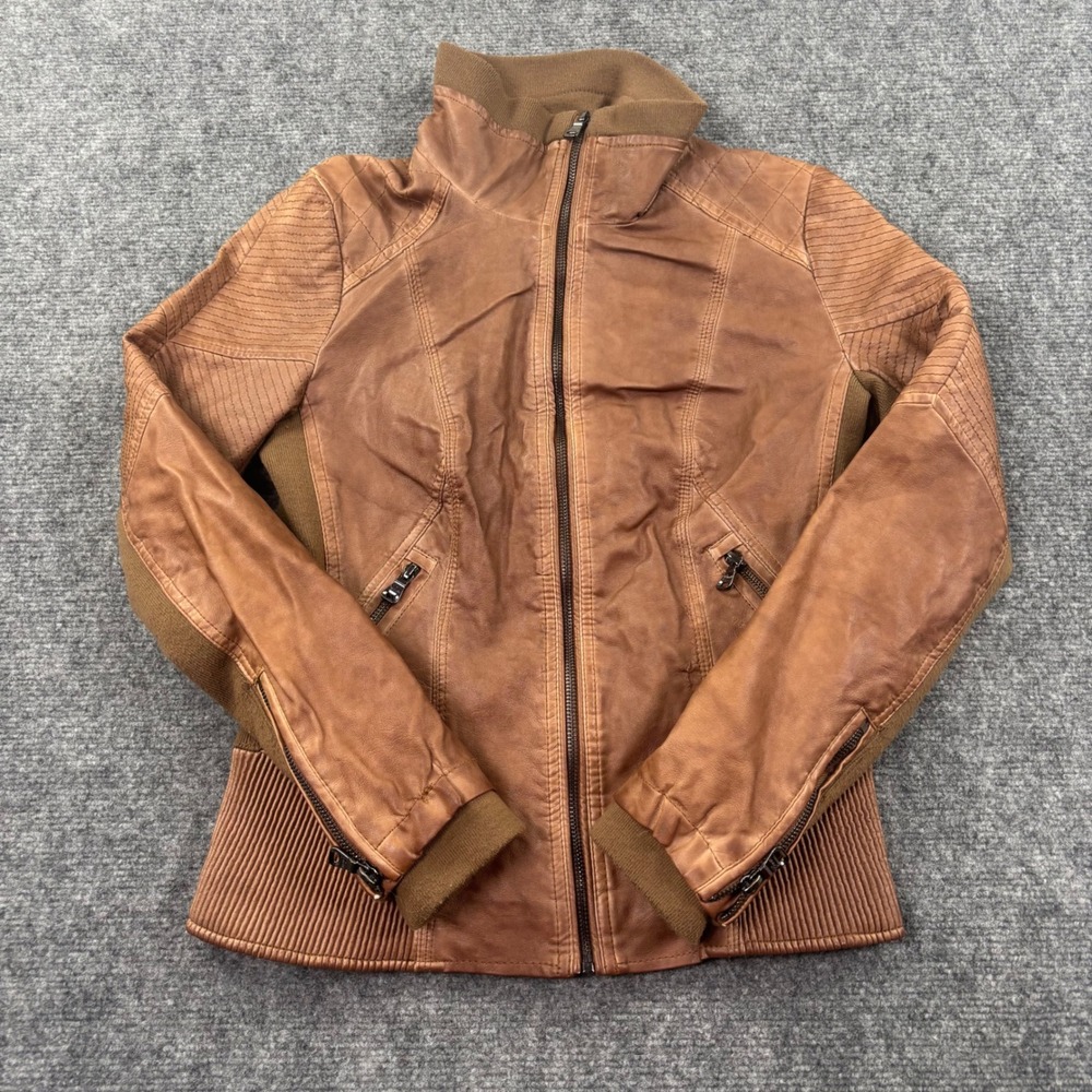 GUESS Moto Jacket Small Brown Faux Leather Ribbed Knit Trim Womens